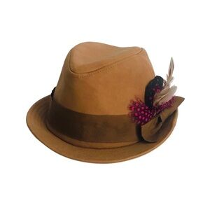 Faux Leather Fedora Brown Tan Feathers Hat